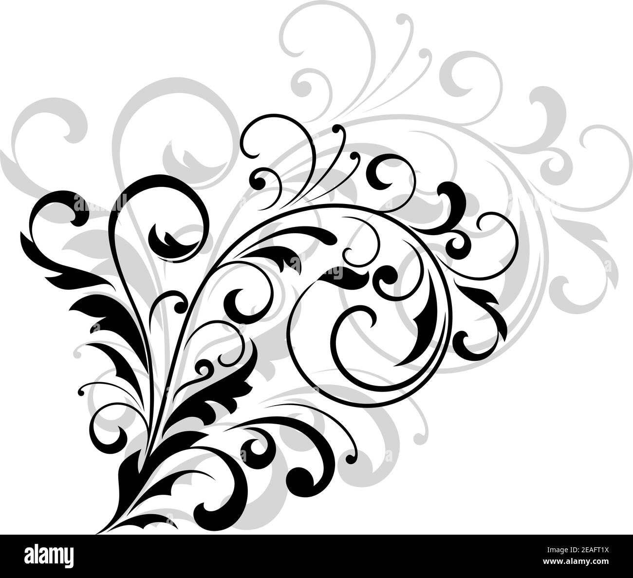 Floral design element with swirling leaves as a simple black silhouette with a grey enlarged repeat design behind on white Stock Vector