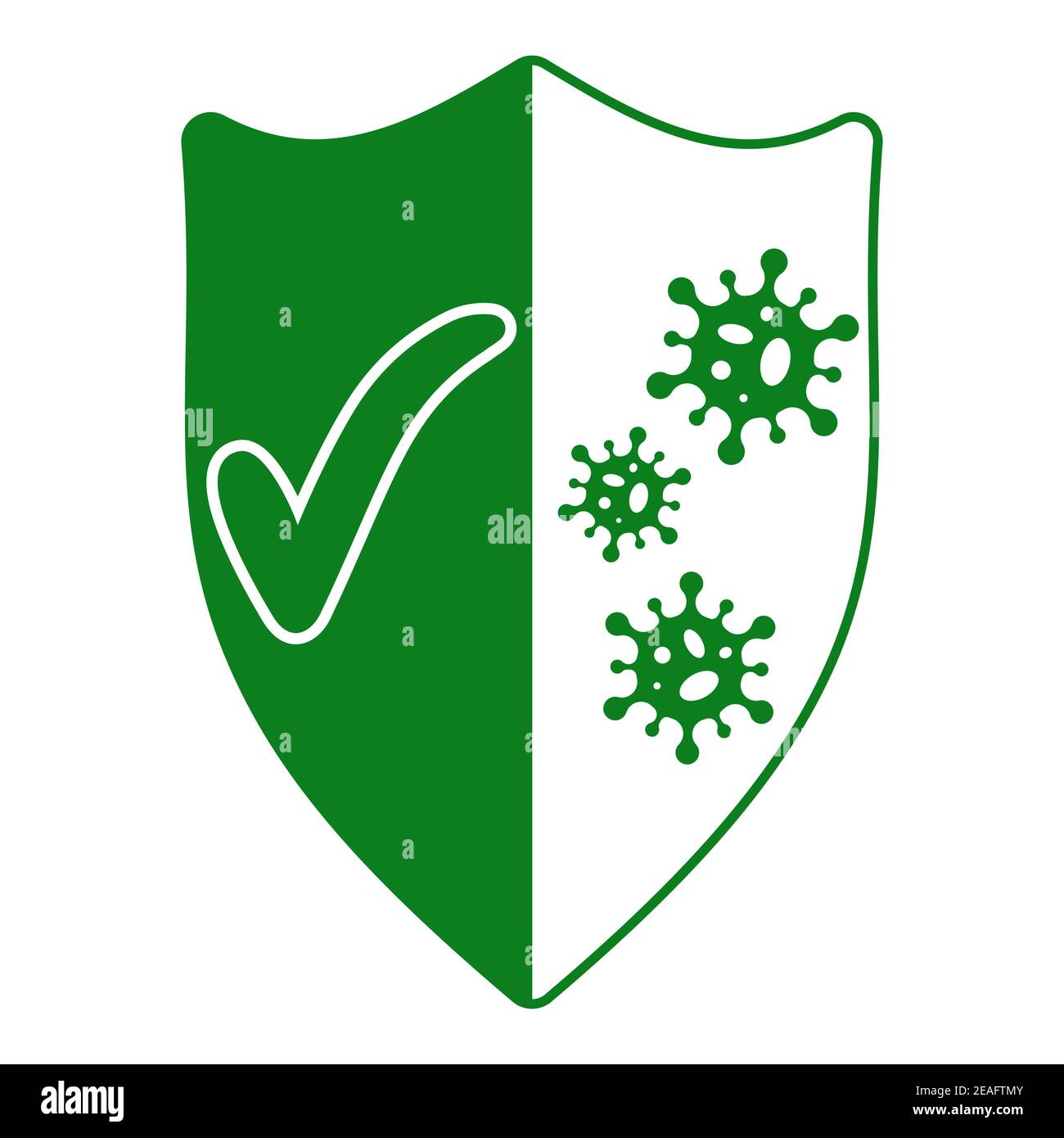 sign of protection from viruses, shield with a green tick and bacterial viruses coronavirus, vector immunity antibody protection against disease Stock Vector