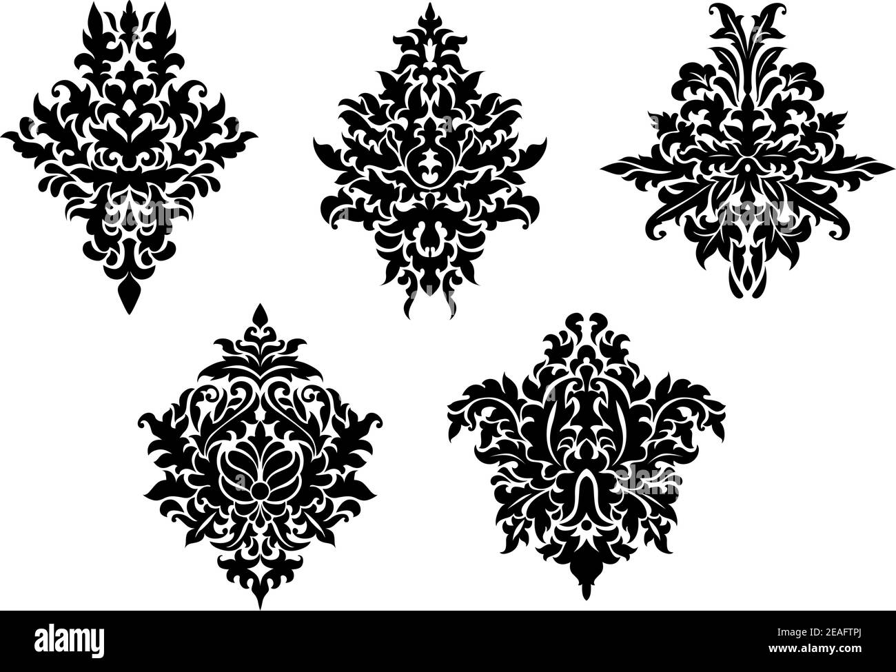 Set of five different foliate arabesque patterns in black and white with acanthus leaf motifs suitable for damask textile and print elements Stock Vector