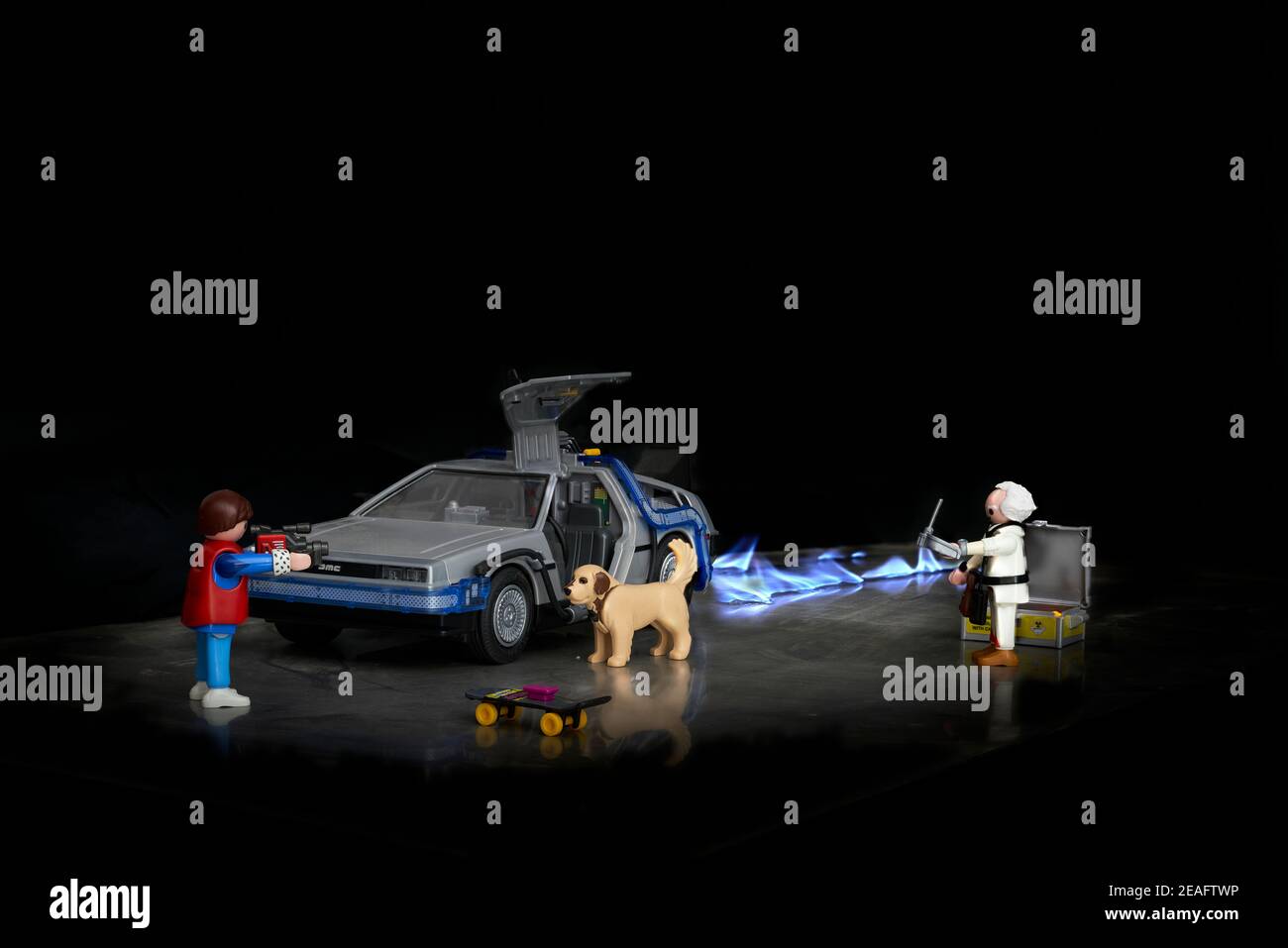 Recreation of scene from the film Back to the Future using a Playmobil toy set of models and DeLorean time machine car Stock Photo