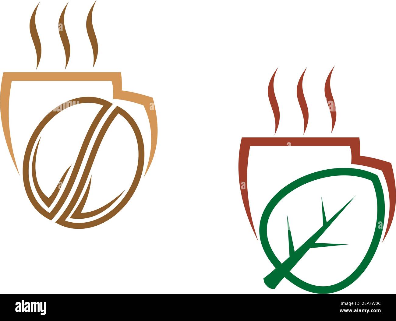 Stylized vectior illustration of two cups of steaming beverages, one with a coffee bean and one with a greenleaf Stock Vector