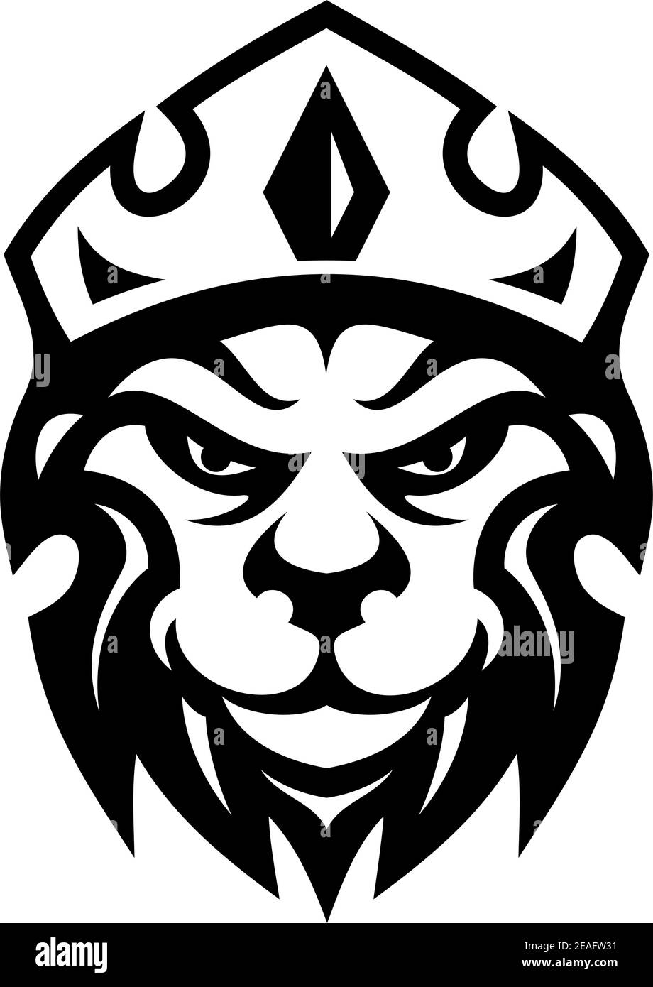 Head of a fierce crowned lion depicting royalty in a black and white design suitable for heraldry Stock Vector