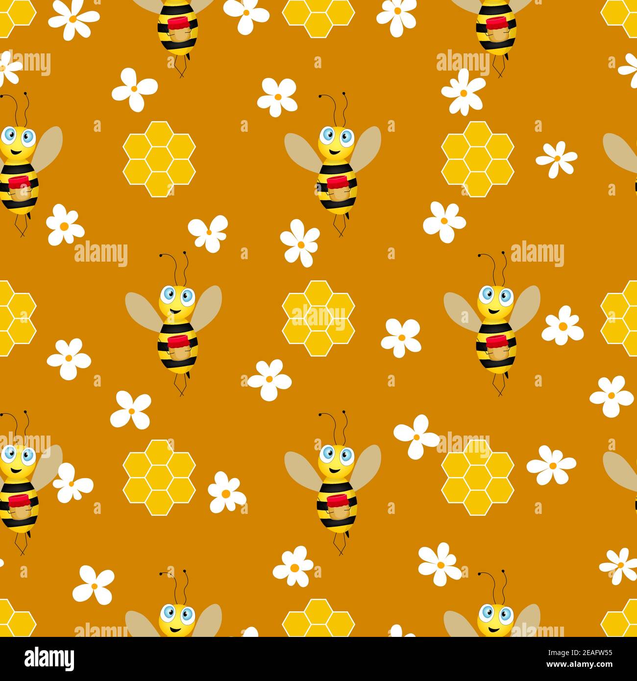 Seamless pattern with bees and honeycombs on brown background. Small wasp. Vector illustration. Adorable cartoon character. Template design for Stock Vector