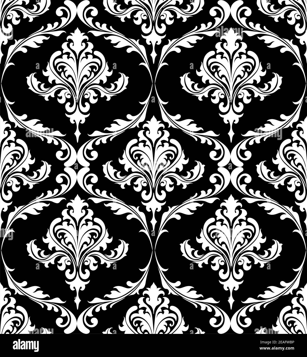 Black and white vintage damask pattern with foliate arabesque elements ...