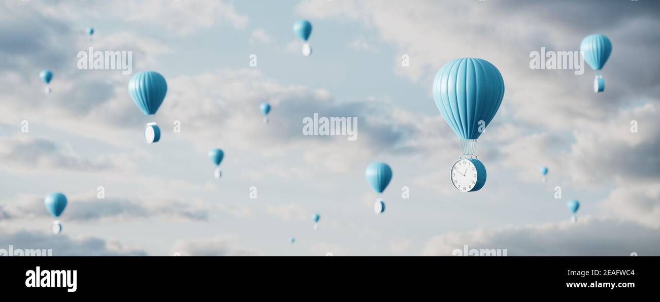 Hot air balloon with clock flies in the sky. Time Flies Concept background 3D render 3D illustration Stock Photo