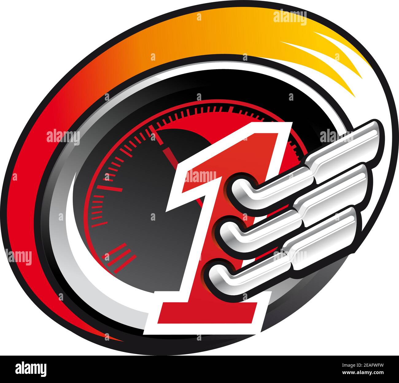 Formula One racing icon with exhaust pipes over a speedometer used in motor racing on the circuit, colourful illustration on white Stock Vector