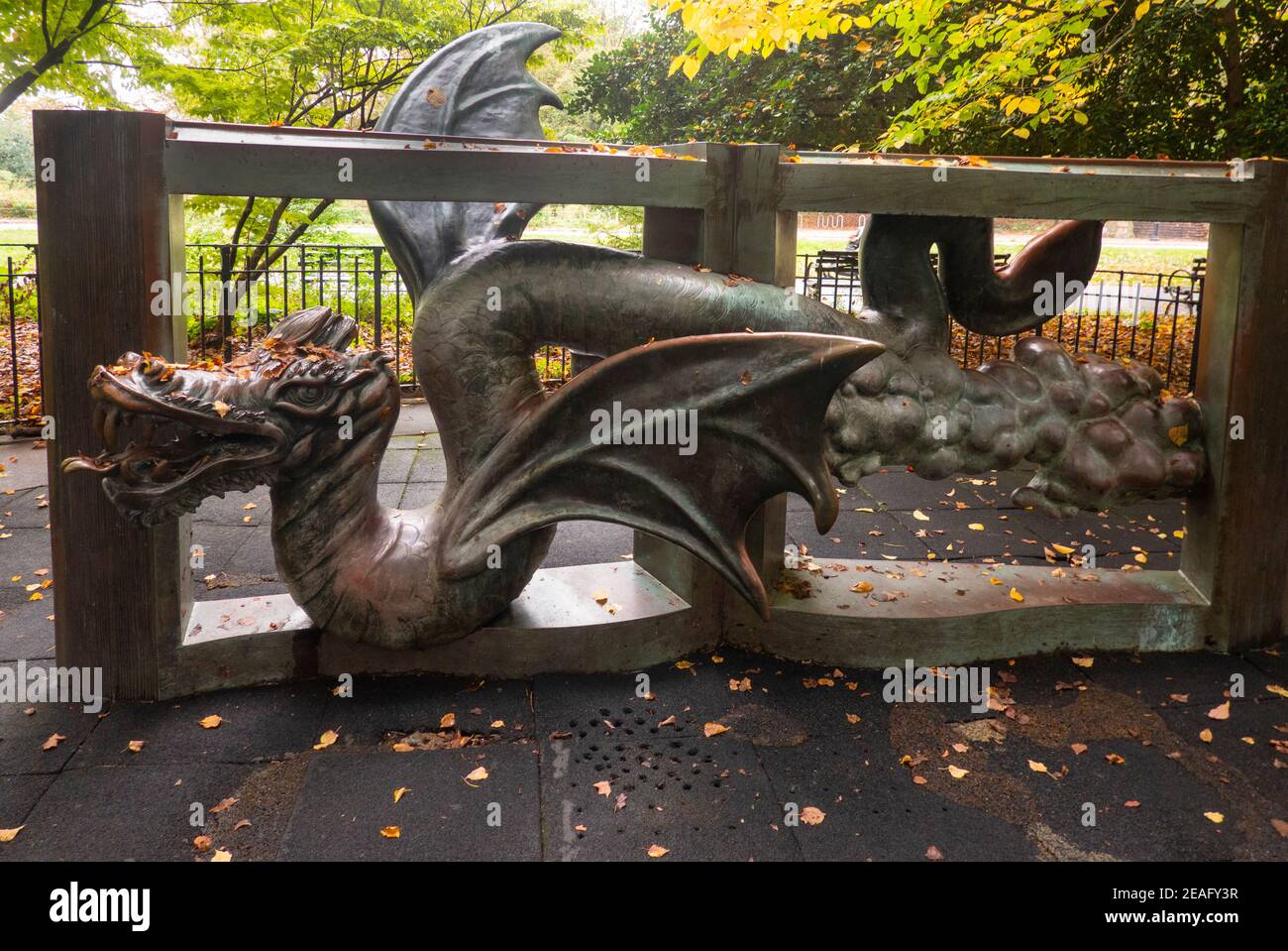 Dragon fountain sculpture in Imagination playground in Prospect Park Brooklyn NYC Stock Photo