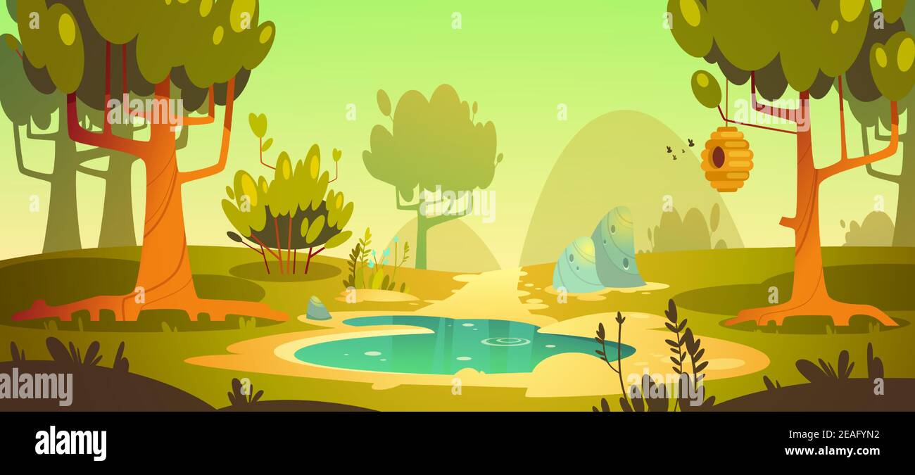 Cartoon forest background with pond or swamp and trail, nature landscape  with trees, green grass and