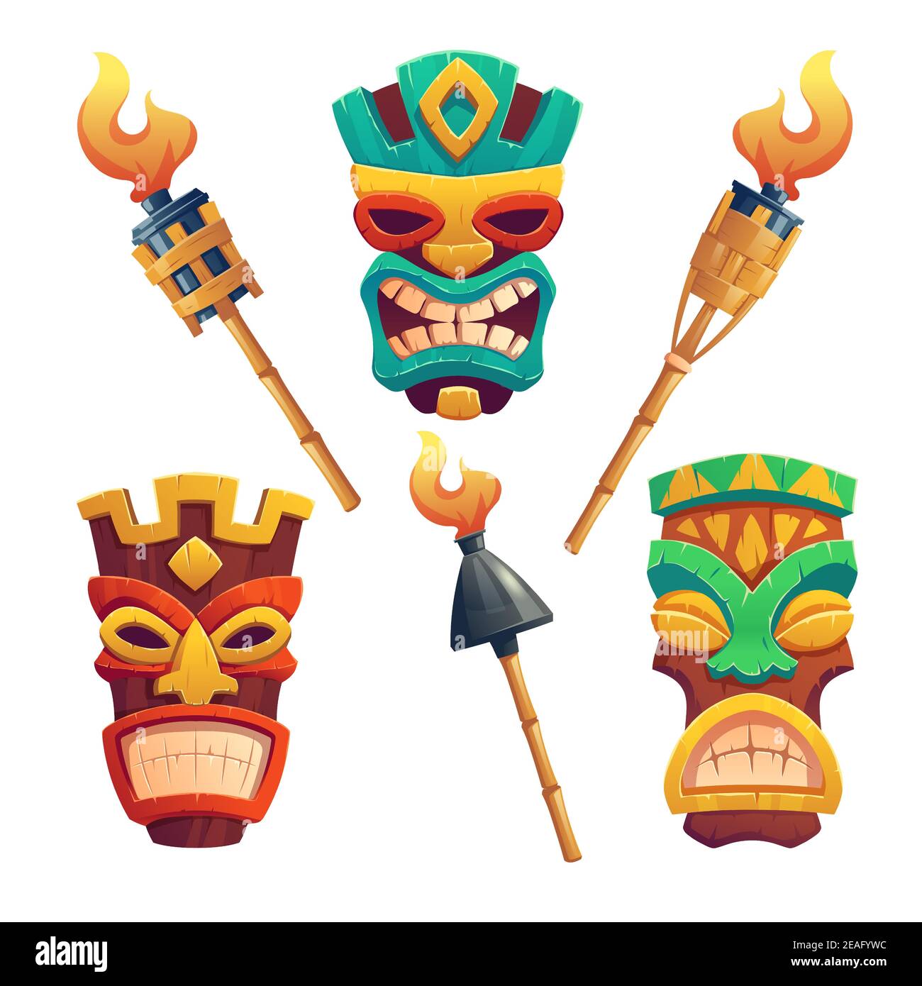 Tiki masks, hawaiian tribal totem and burning torches on bamboo stick. Vector cartoon set of polynesian traditional statues, ancient wooden god faces isolated on white background Stock Vector