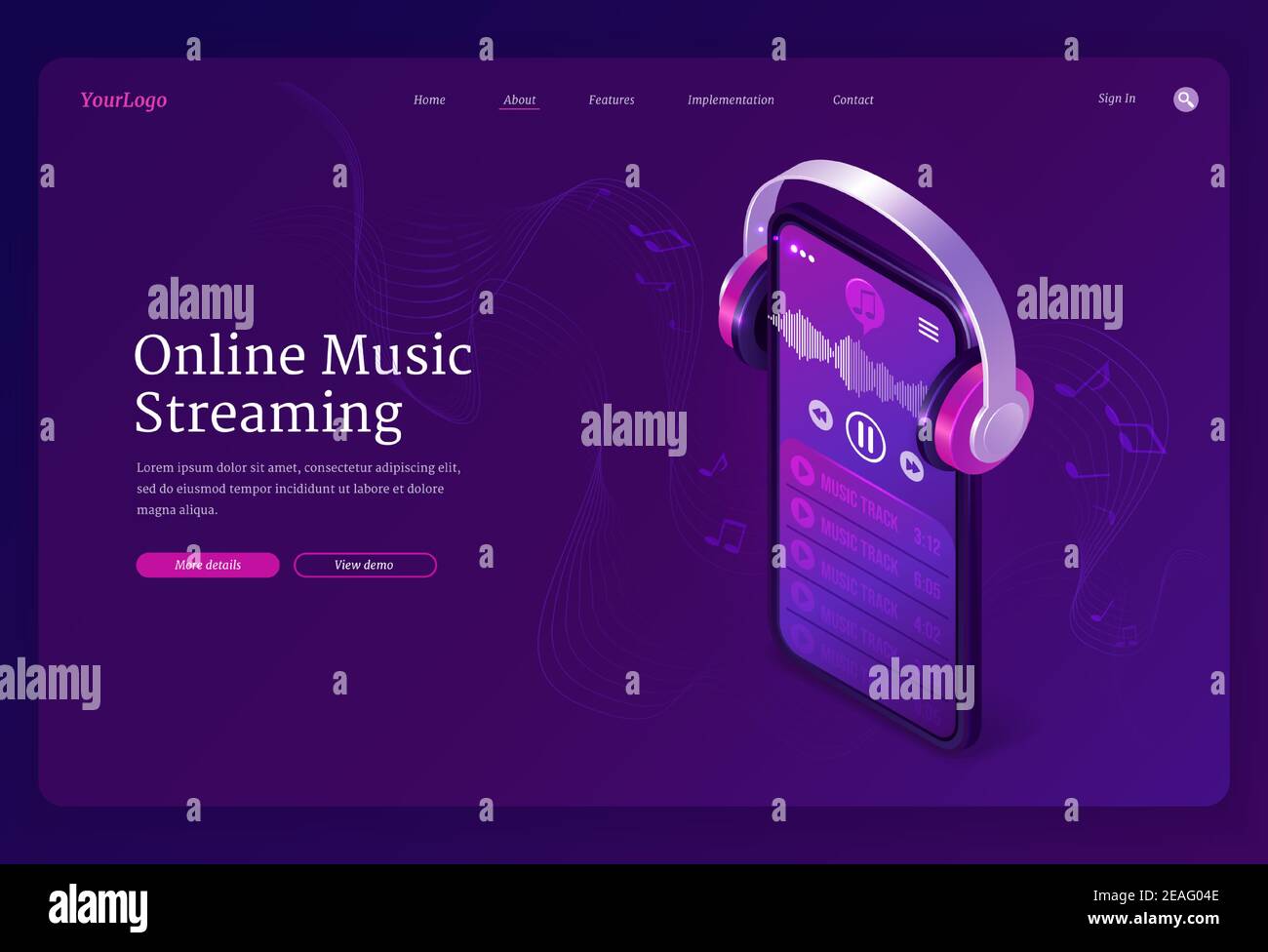 Online music streaming service isometric landing page. Playlist in  smartphone audio player application and headphones playing mp3 stream with  notes on stave around. 3d vector concept for web banner Stock Vector Image