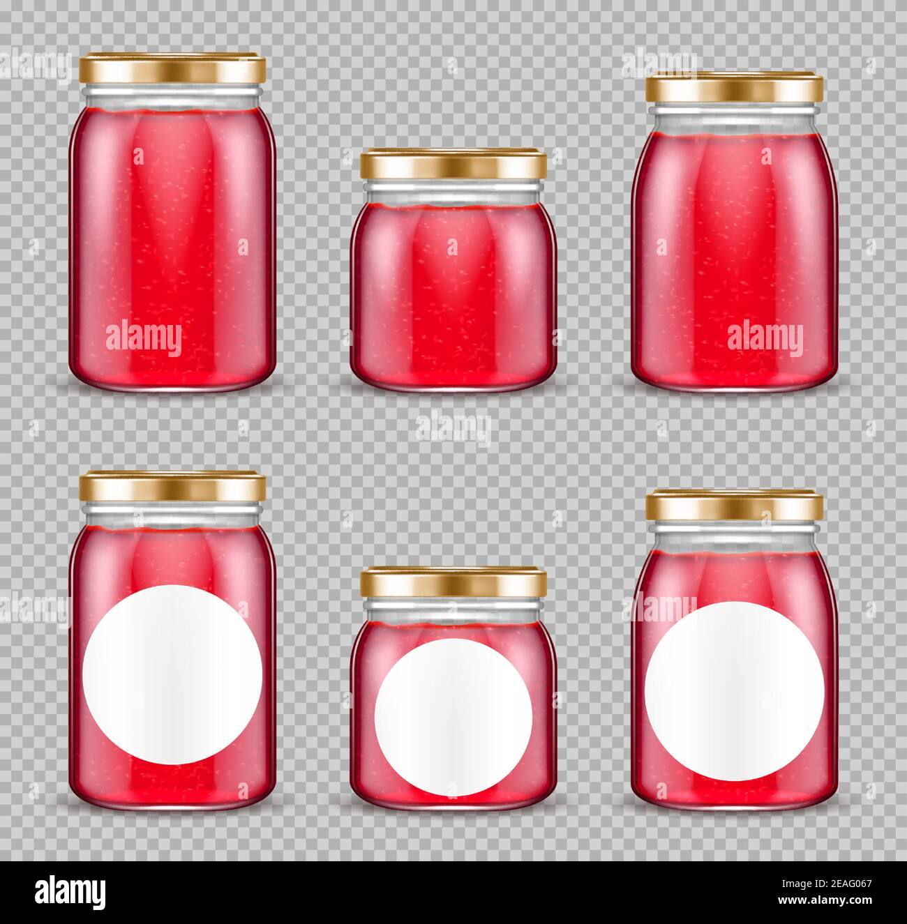 Jam jars, glass containers with pink fruit jelly, gelatin marmalade packs with cap mock up design. Blank preserve tubes of different sizes isolated on transparent background, Realistic 3d vector set Stock Vector