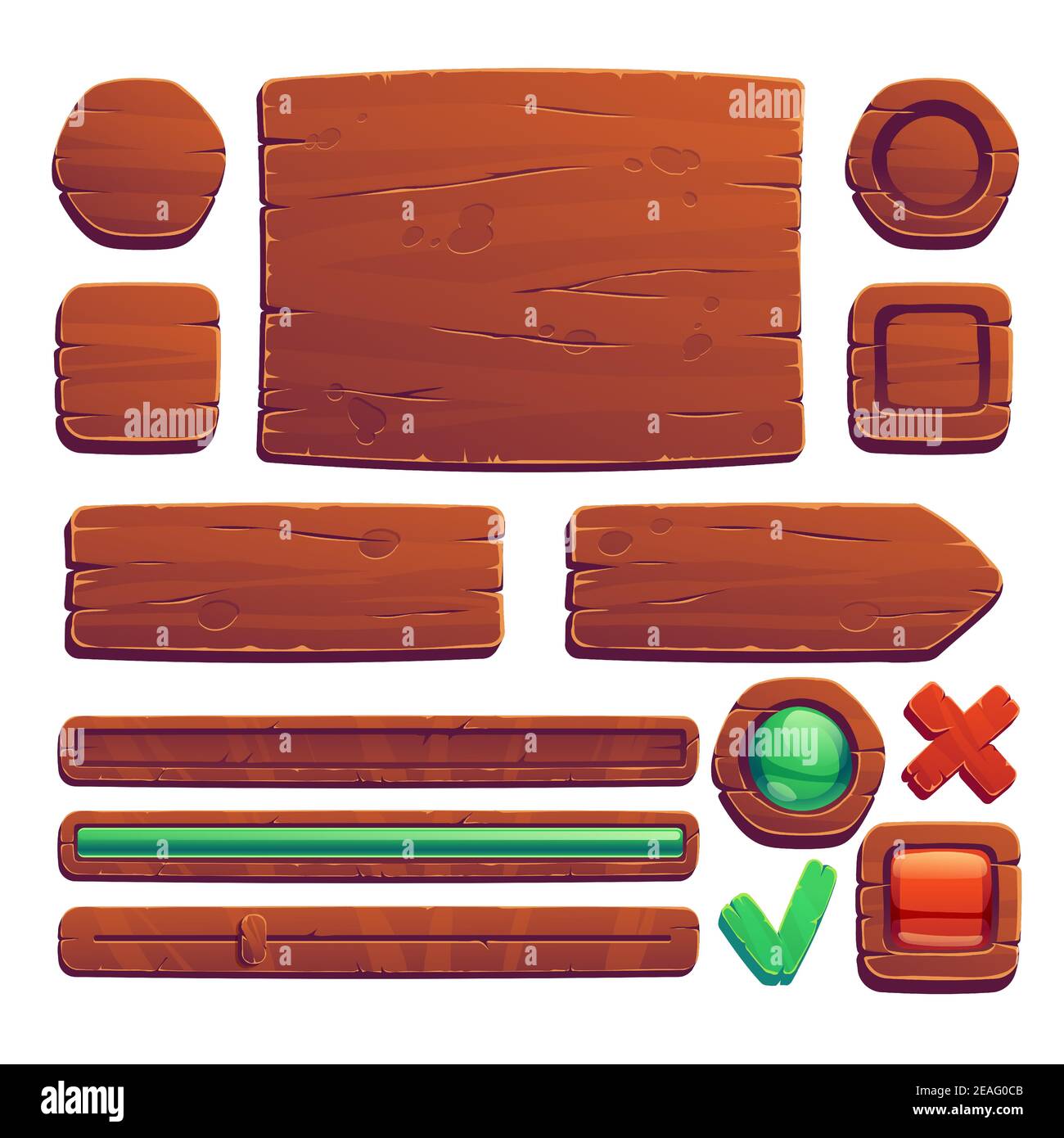 Wooden game buttons, cartoon game interface of wood texture, menu boards,  ui or gui design elements.