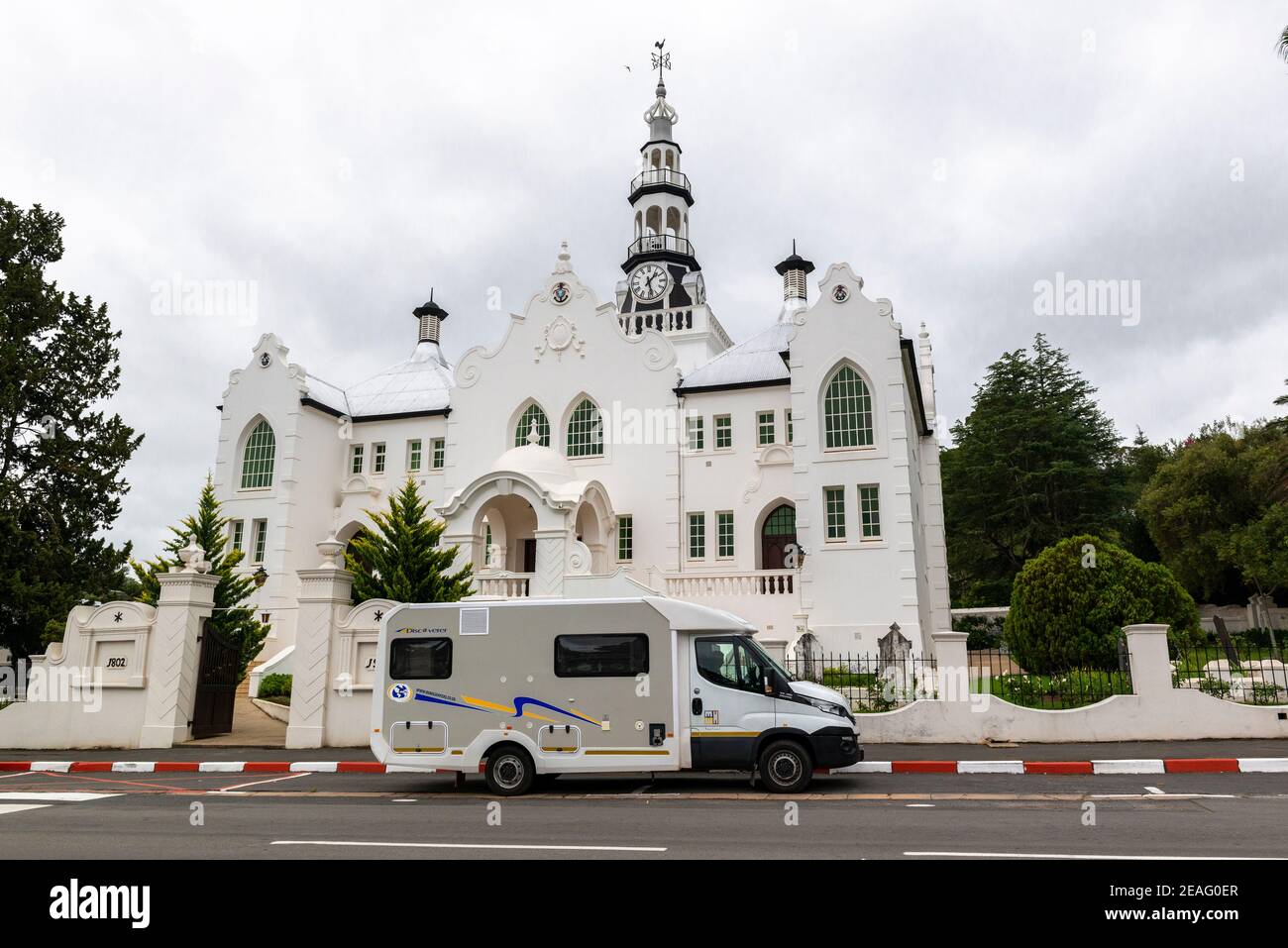 Motorhome outside Dutch Reformed Church, Swellendam, Western Cape, South Africa Stock Photo