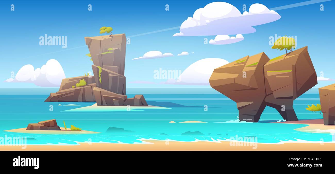 Sea beach, mountains in water and clouds in blue sky. Vector cartoon summer landscape of ocean shore, rock islands with green trees and stones. Seascape panorama, vacation and resort concept Stock Vector