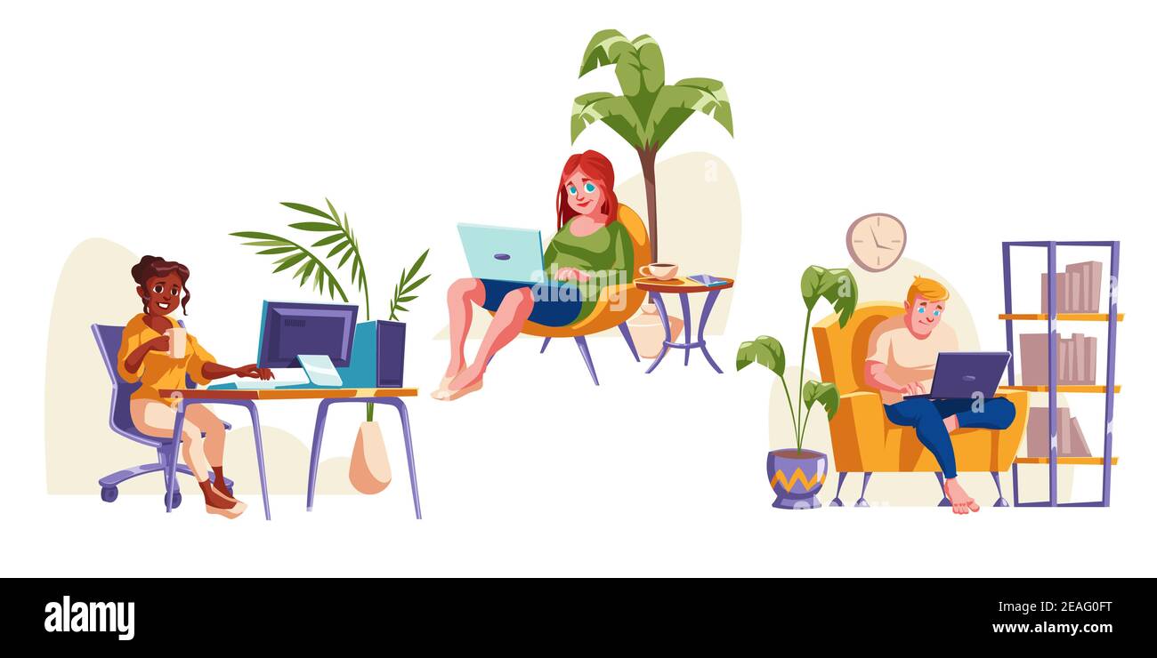 People work at home office, sitting in chair with laptop. Concept of  comfortable workplace for freelance, remote job, distant study. Vector cartoon  freelancers isolated on white background Stock Vector Image \u0026 Art -, image size:1300x740