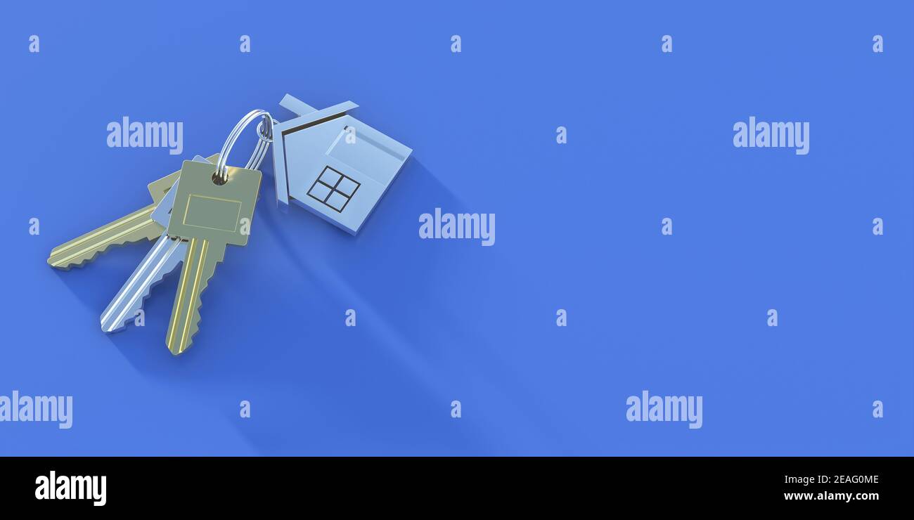 House keys, new property symbol. Golden, silver keys set on keychain