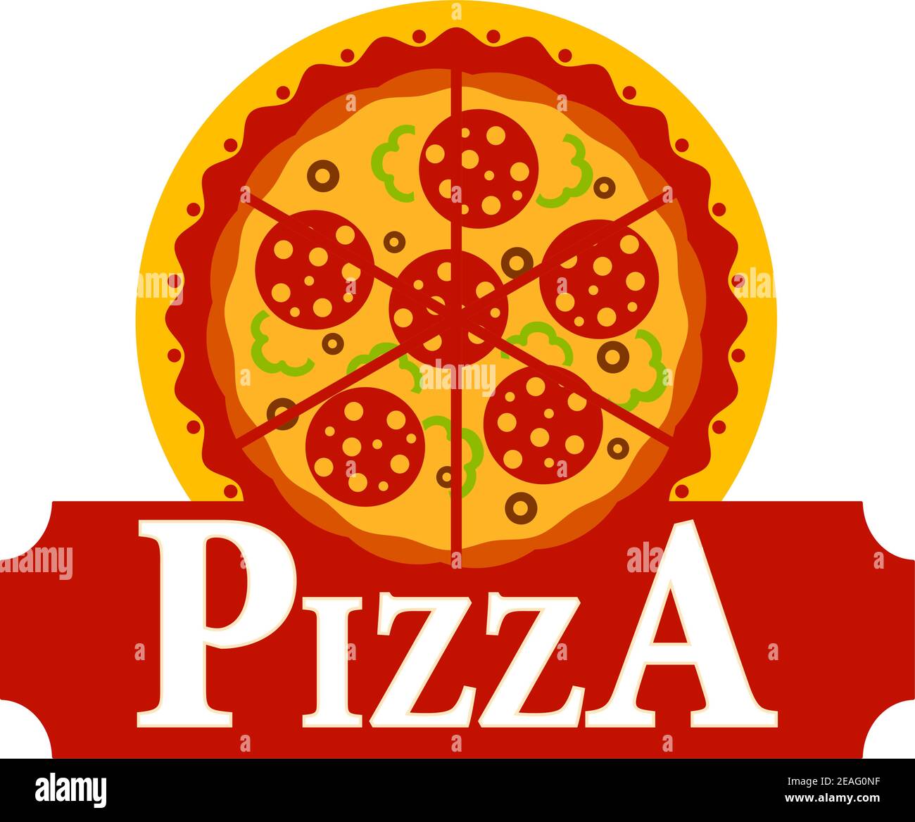 Vector cartoon illustration depicting a simple Pizza sign with a whole