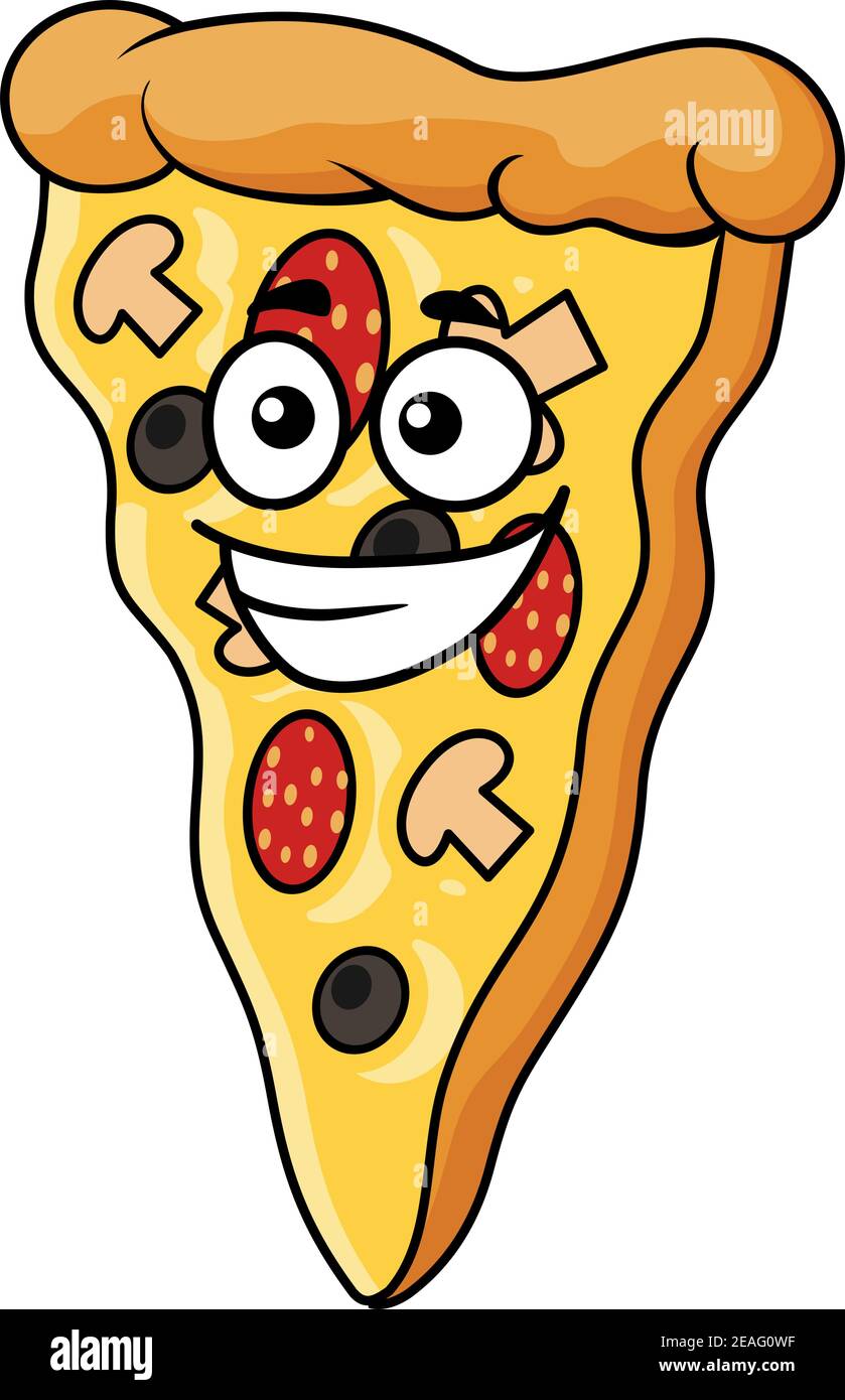 Cute slice of cartoon pizza with a happy smile and a topping of cheese,  salami and mushrooms, vector illustration Stock Vector Image & Art - Alamy