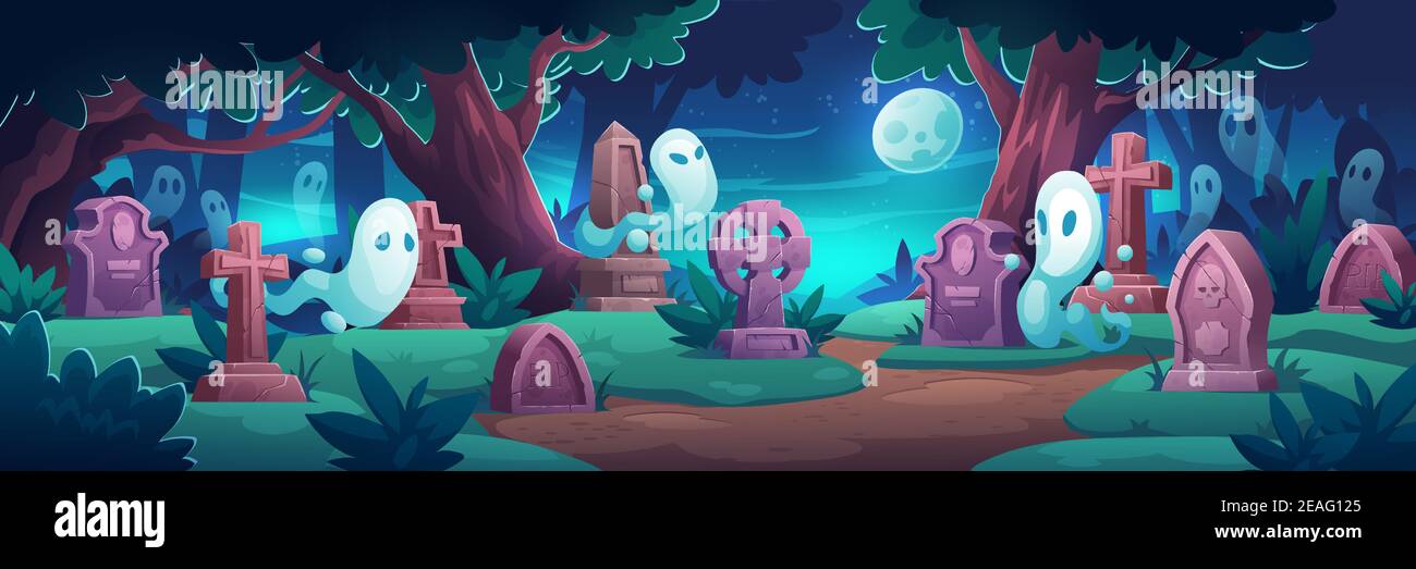 Cemetery With Ghosts At Night Old Graveyard With Tombstones In Midnight Forest With Cracked Crosses And Monuments Grave Tombs And Spooky Spirits Halloween Background Cartoon Vector Illustration Stock Vector Image Art