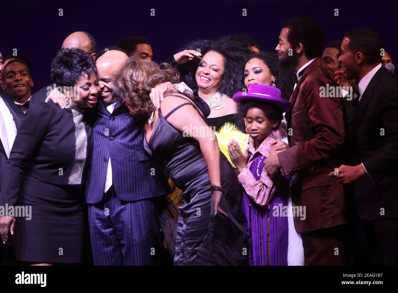 NEW YORK, NY- APRIL 14: Gladys Knight, Berry Gordy, Mary Wilson, Diana Ross, Valisia LeKae, Raymond Luke Jr., and Brandon Victor Dixon during the opening night curtain call for Motown, held at the Lunt-Fontanne Theatre, on April 14, 2013, in New York City. Credit: Joseph Marzullo/MediaPunch Stock Photo