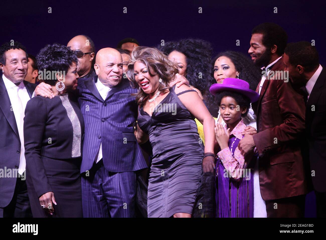 NEW YORK, NY- APRIL 14: Smokey Robinson, Gladys Knight, Stevie Wonder, Berry Gordy, Mary Wilson, Diana Ross, Valisia LeKae, Raymond Luke Jr., and Brandon Victor Dixon during the opening night curtain call for Motown, held at the Lunt-Fontanne Theatre, on April 14, 2013, in New York City. Credit: Joseph Marzullo/MediaPunch Stock Photo
