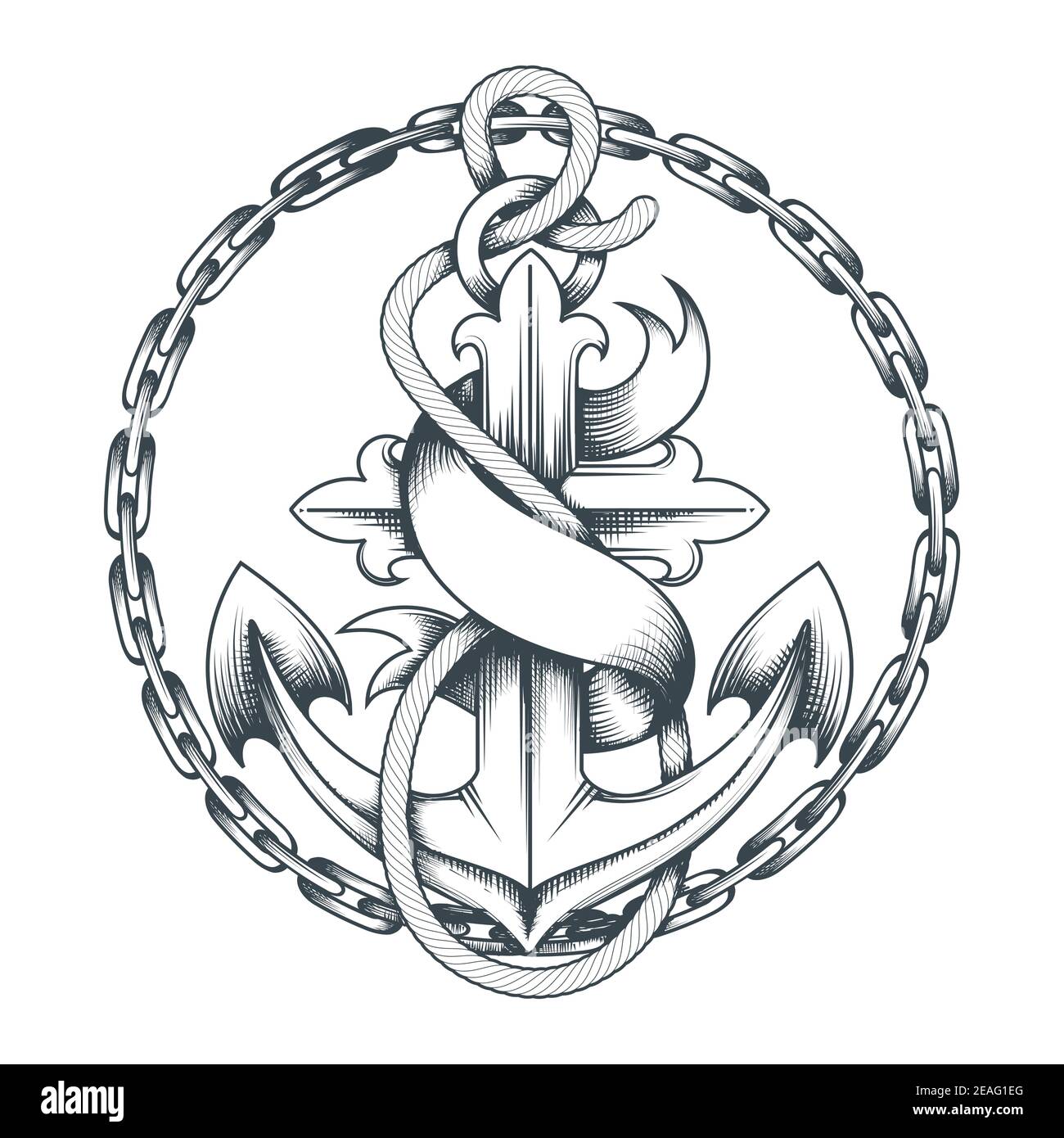 Tattoo of Anchor with ribbon and chains drawn in engraving style. Vector illustration. Stock Vector