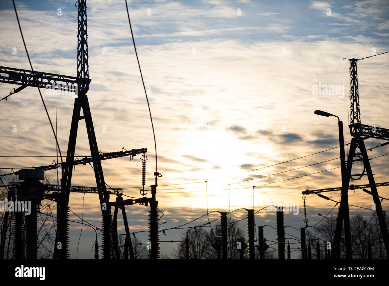 Modern and industrial, high voltage electrical power relay station with