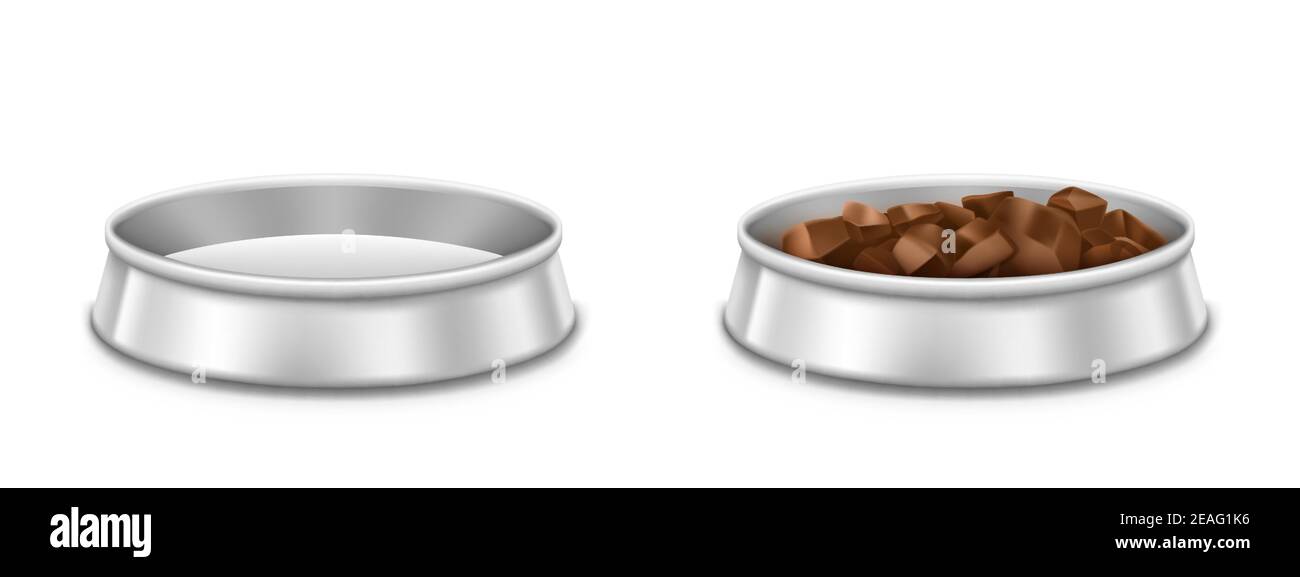Download White Pet Bowls Empty And Full Of Food Plate For Dog Or Cat Vector Realistic Mockup Of Blank Plastic Dish With Pile Of Dry Feed For Domestic Animals Isolated On White Background Stock Vector Image Art Alamy