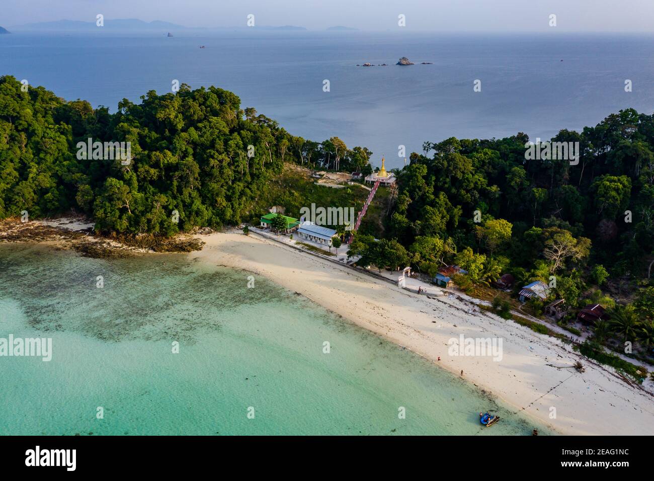 Aerial drone view of a small tropical island in the Mergui Archipelago, Myanmar (Swinton Island) Stock Photo