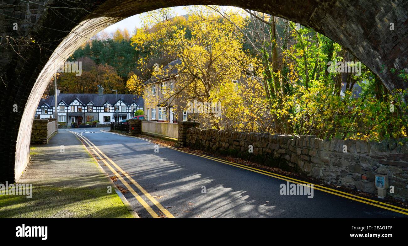 Vaynol Cottages, Llanberis, looking through a Snowdon Mountain Railway  Viaduct at the begining of the trains climb to the summit of Snowdon. Stock Photo