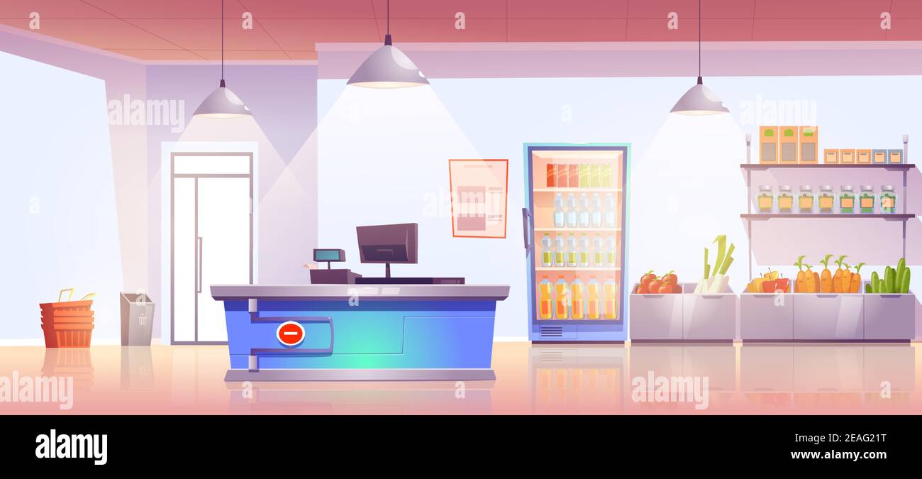 Grocery store with cashier desk empty shop interior with production on shelves and cold drinks in refrigerator, fresh vegetables. Product market, local food retail place, Cartoon vector illustration Stock Vector