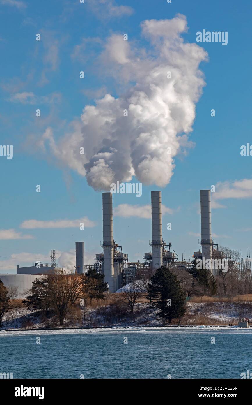 Sarnia, Ontario, Canada - TransAlta's gas-fired cogeneration power plant on the St. Clair River. The plant produces electricity and steam. Stock Photo