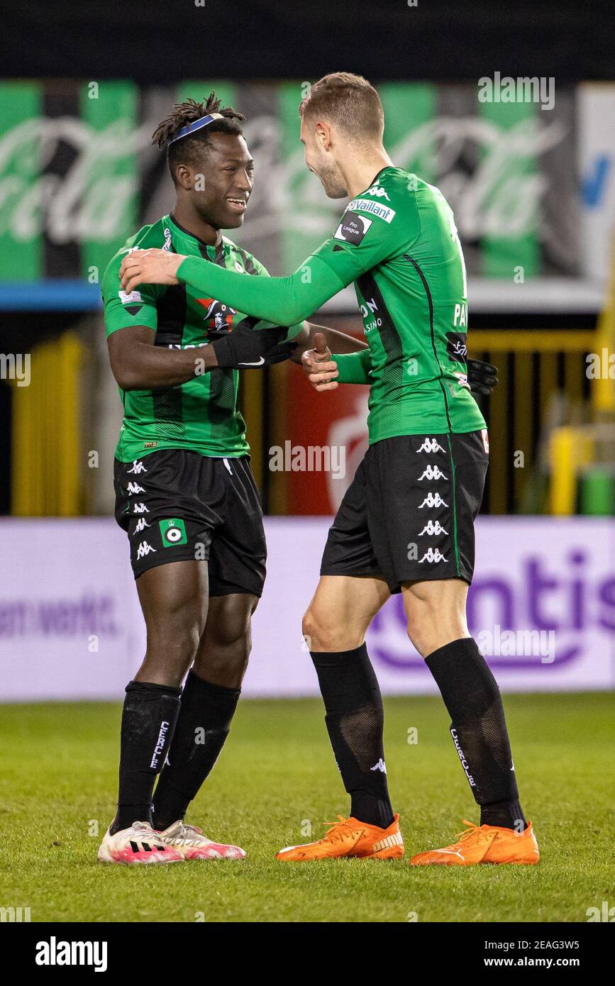 Cercle S Kevin Denkey Celebrates After Scoring During A Soccer Game Between Cercle Brugge And Kv Oostende Both From 1a First Division Tuesday 09 Fe Stock Photo Alamy