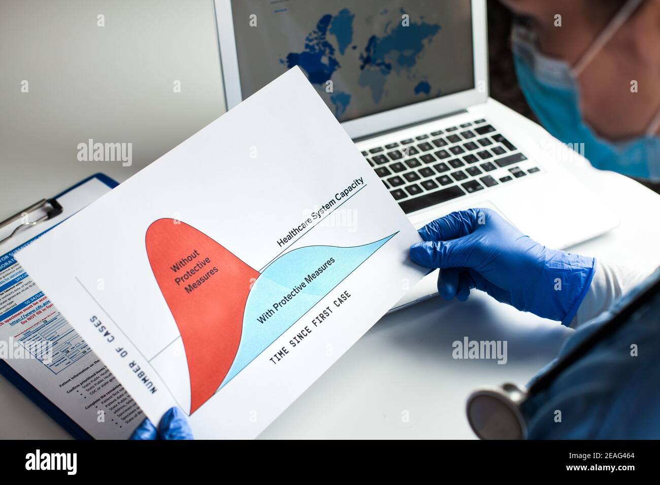 Doctor wearing protective gloves holding Flatten the Curve chart, sitting at the desk in front of laptop computer, Coronavirus COVID-19 global pandemi Stock Photo