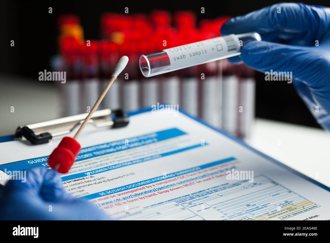 Lab technician holding swab collection kit,Coronavirus COVID-19 specimen collecting equipment,DNA nasal and oral swabbing for PCR polymerase chain rea Stock Photo