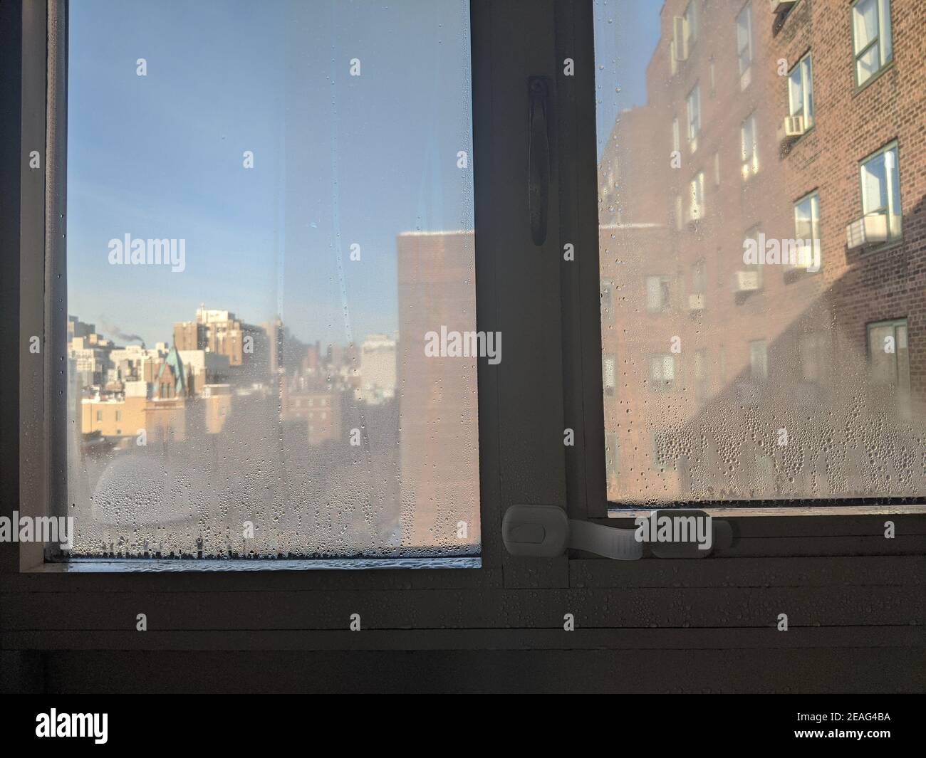 Cold room interior looking out onto water condensation formed on