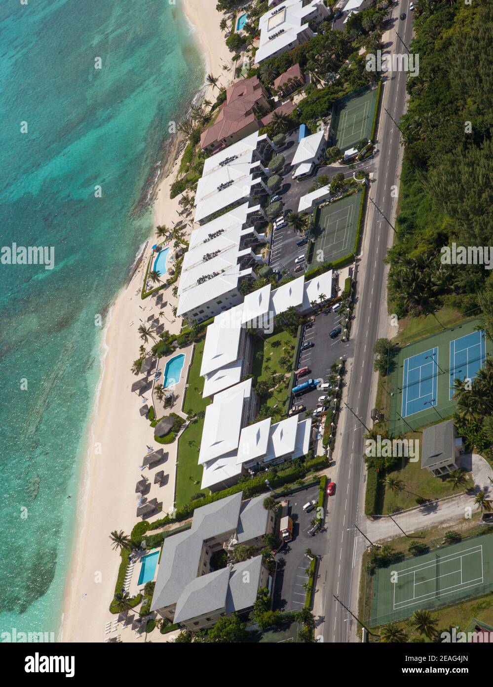 Stunning Aerial view of coastline of Seven Mile Beach Grand Cayman