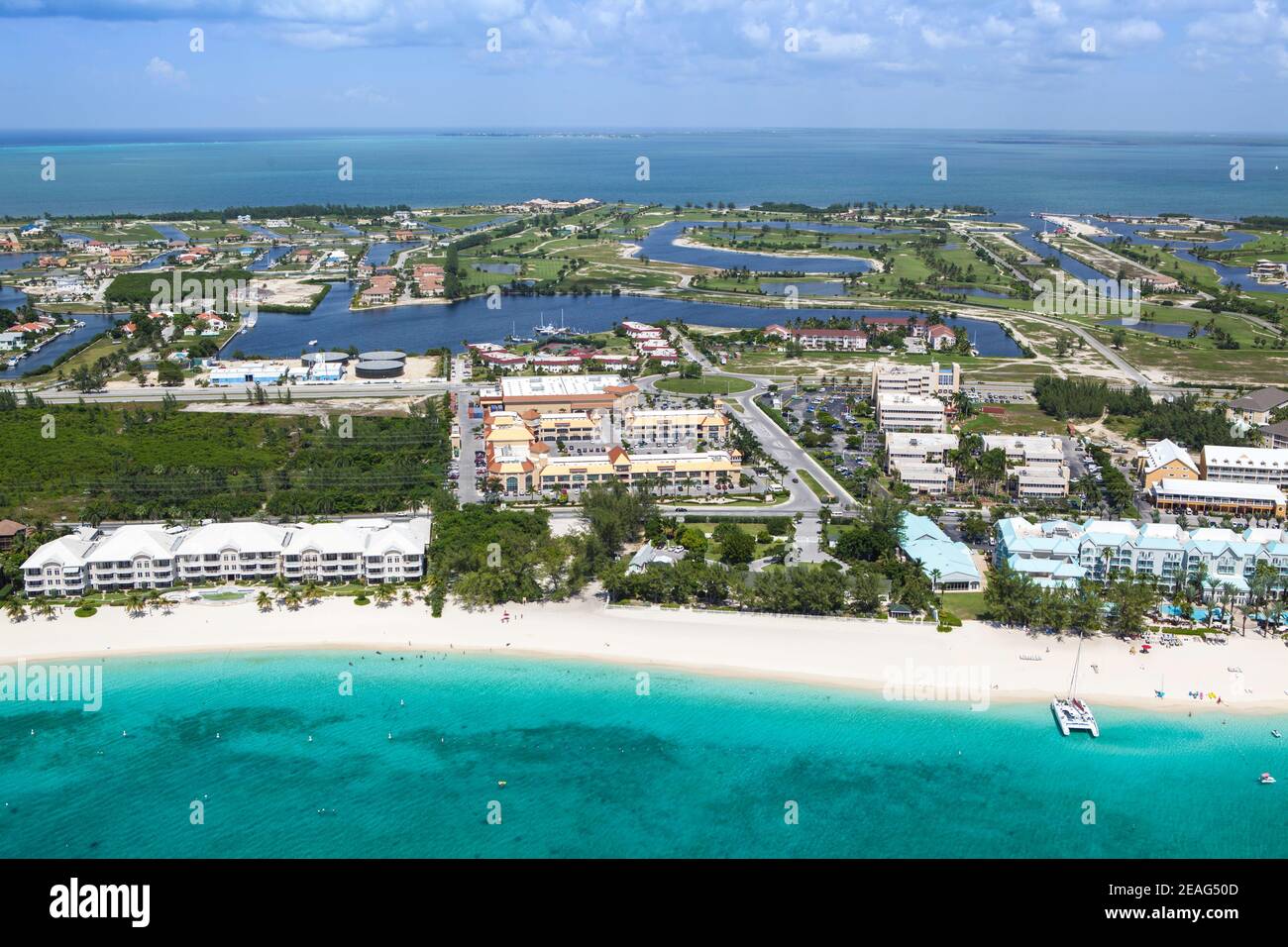 Stunning Aerial view of coastline of Seven Mile Beach Grand Cayman, Cayman Islands, Caribbean Stock Photo