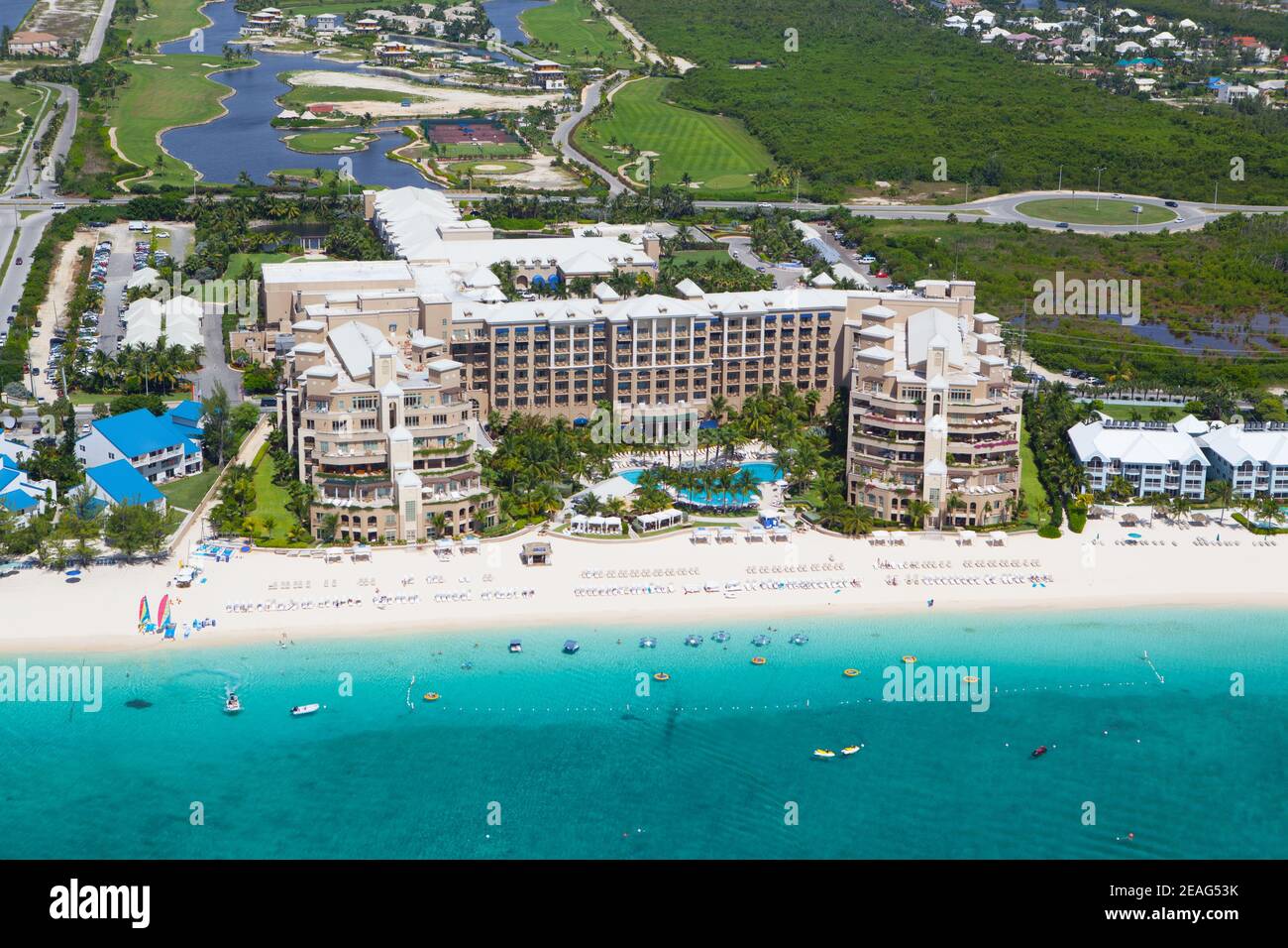 Stunning Aerial view of coastline of Ritz Carlton, Seven Mile Beach