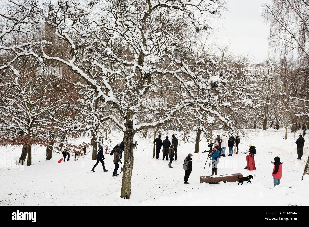 Crowds in Kelvingrove Park in the snow. February 9th 2021. (Glasgow, west-end) Stock Photo