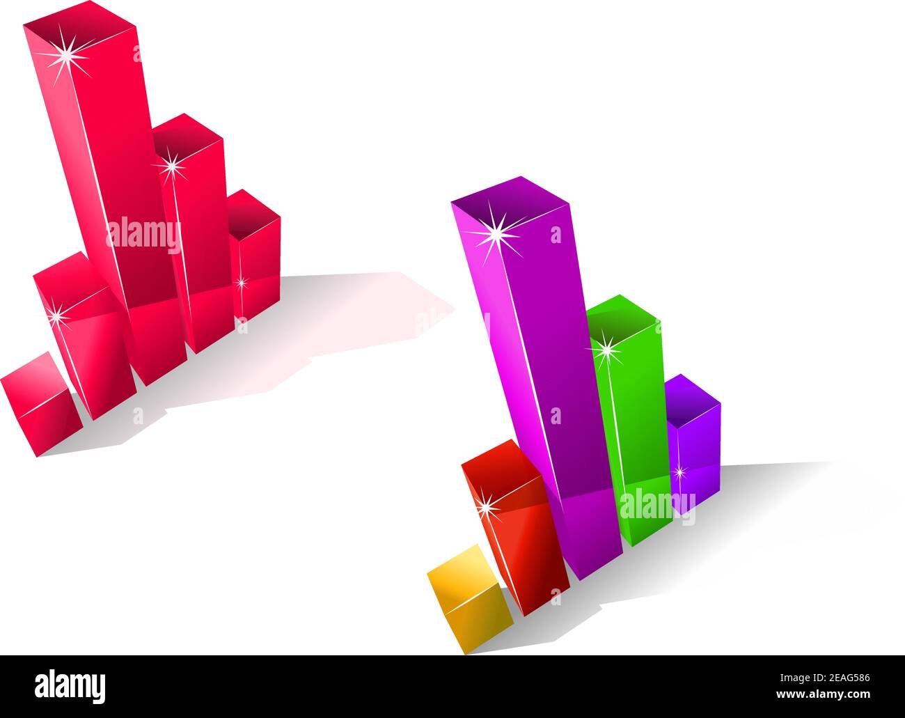 Two colourful fluctuating bar graphs viewed from a high angle, one in red and one multicoloured with sparkling corners, three dimensional illustration Stock Vector