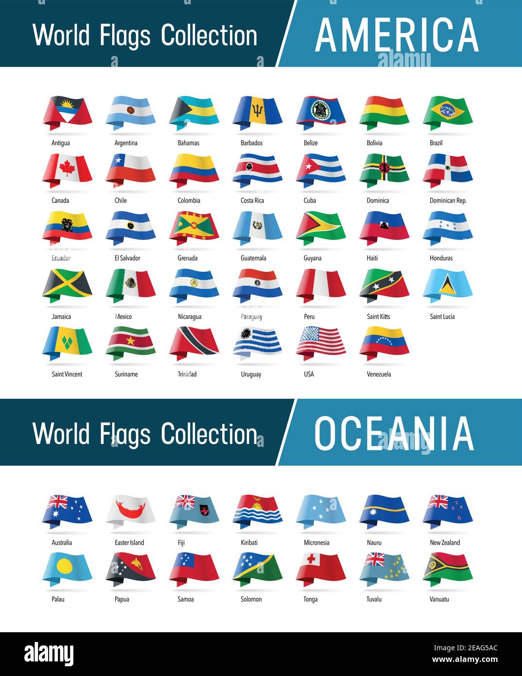 Flags of America and Oceania, waving in the wind. Icons pointing location, origin, language. Vector world flags collection. Stock Vector