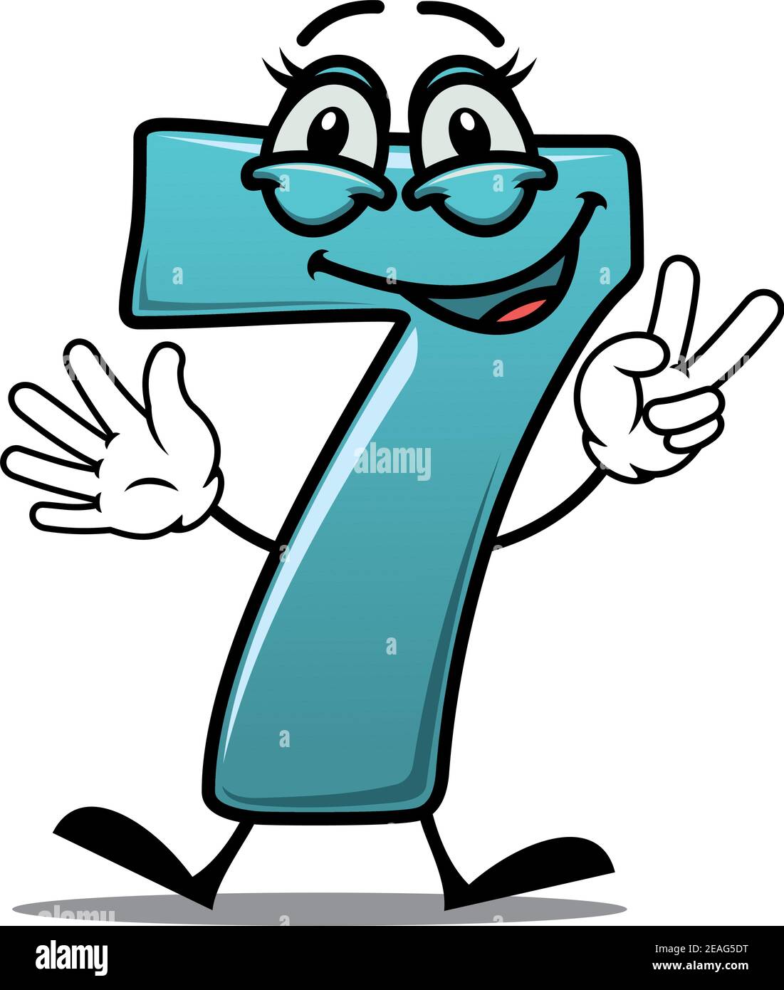 Cartoon cute happy laughing number 7 seven making a victory or peace sign with its fingers, suitable for a kids birthday, on white Stock Vector