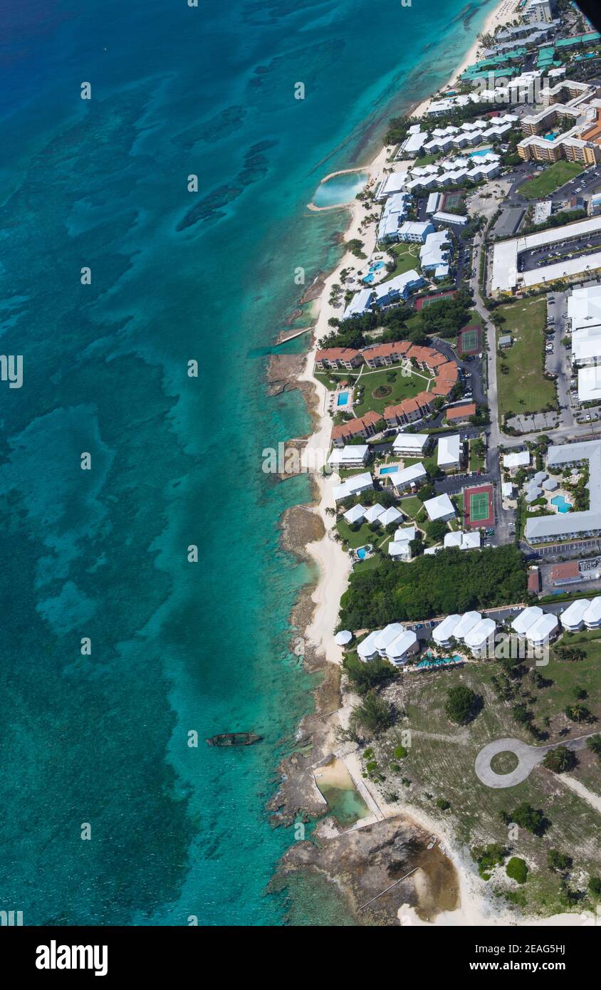 Stunning Aerial view of coastline of Seven Mile Beach Grand Cayman, Cayman Islands, Caribbean