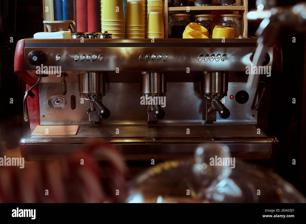 Barista's workplace. Metal professional coffee machine. Espresso maker