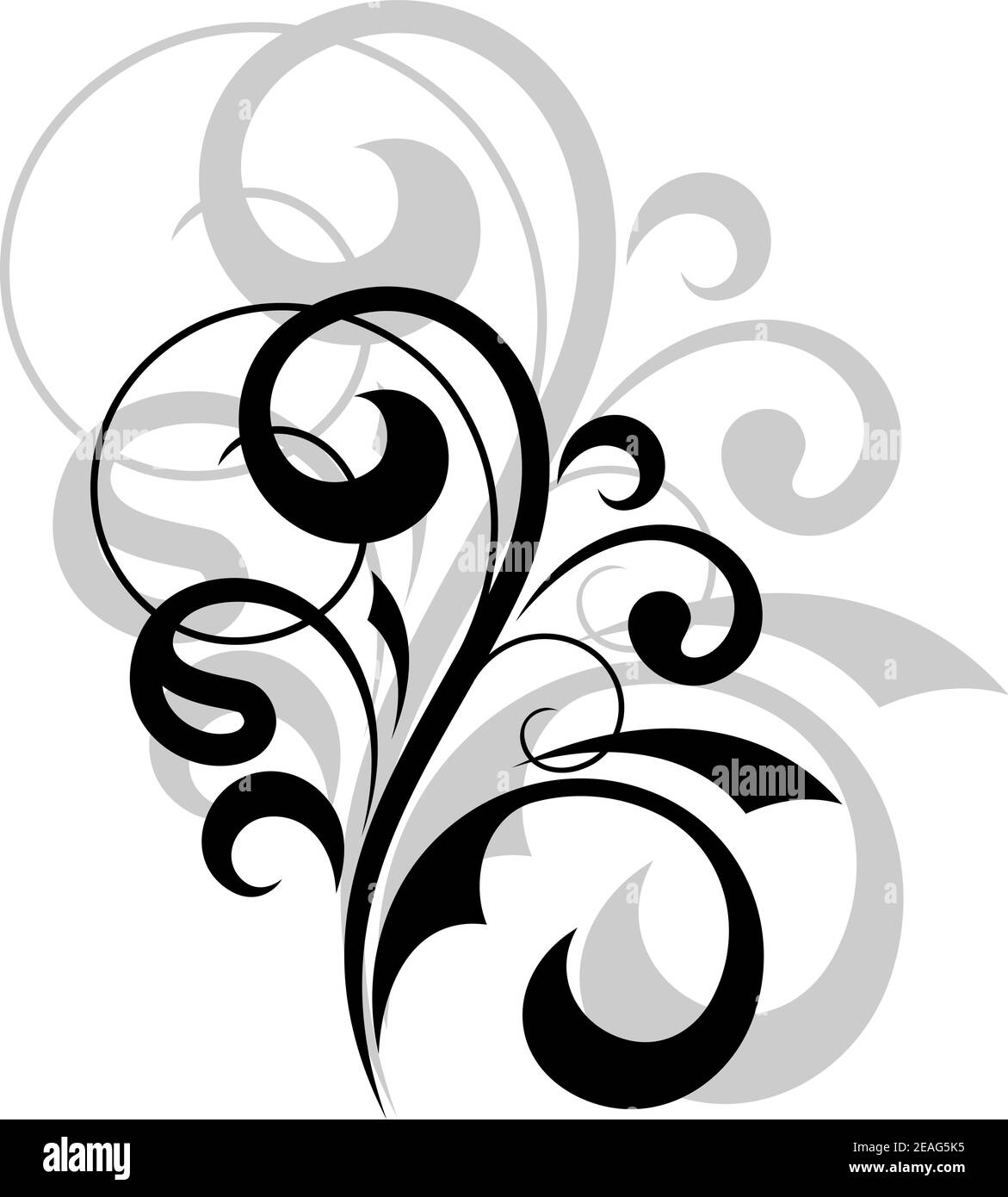 Ornate scrolling design element in black and white with an enlarged grey repeat or shadow behind it Stock Vector