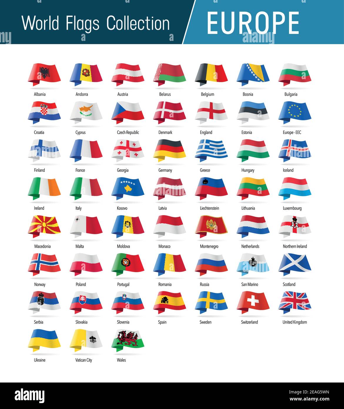 Flags of Europe, waving in the wind. Icons pointing location, origin, language. Vector world flags collection. Stock Vector