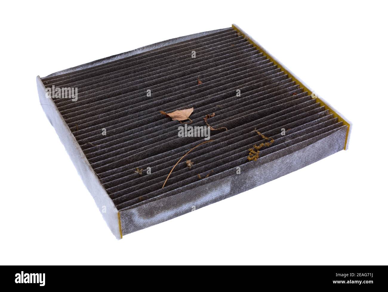 Dirty cabin air filter at an angle with dried leaves and dirt side view isolated on a white background. Stock Photo