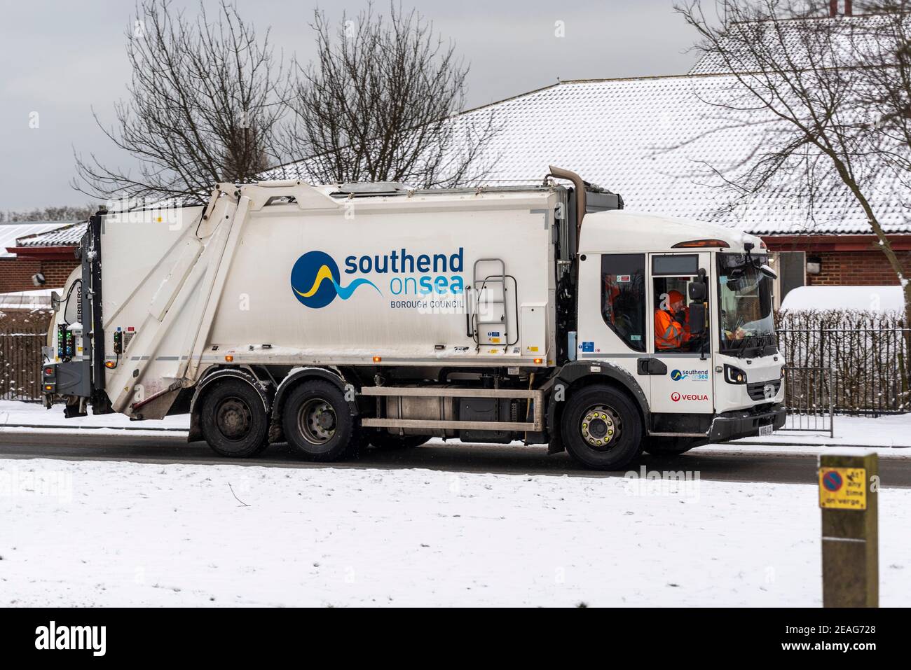 Veolia waste collection truck in Southend on Sea, Essex, UK, with snow from  Storm Darcy. Southend Borough Council bin lorry on icy street Stock Photo -  Alamy