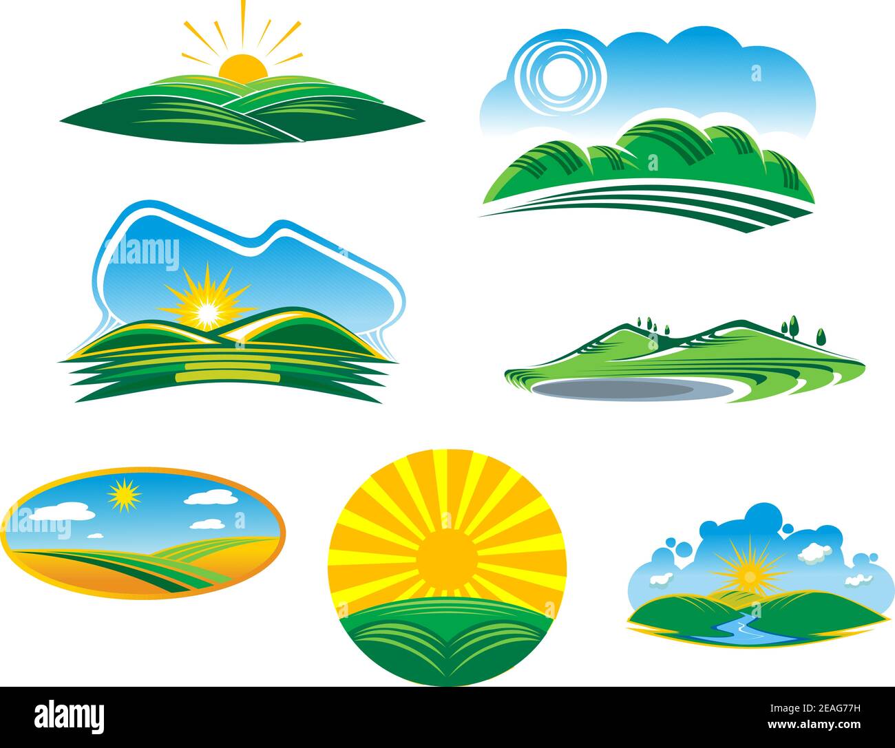Set of seven different sunny summer landscapes with beautiful green fields and hills basking in the rays of sunshine, vector cartoon illustrations Stock Vector